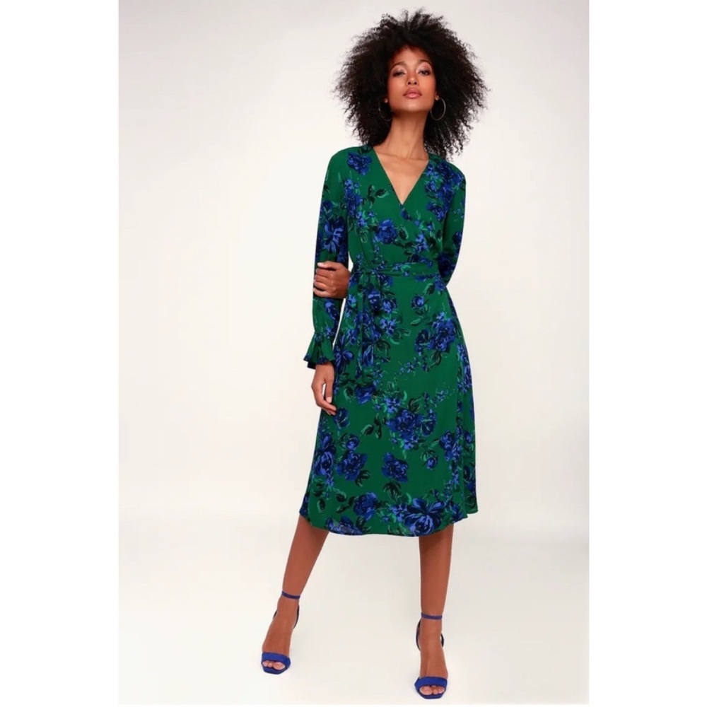 Lulus Emerald & Blue Floral Wrap Midi Dress — Size M